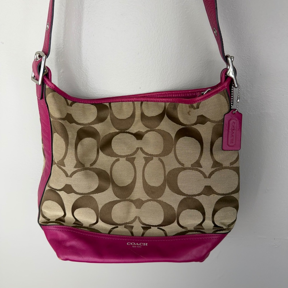 Coach Signature Canvas Pink Leather Trim Hobo Shoulder Bag 21149